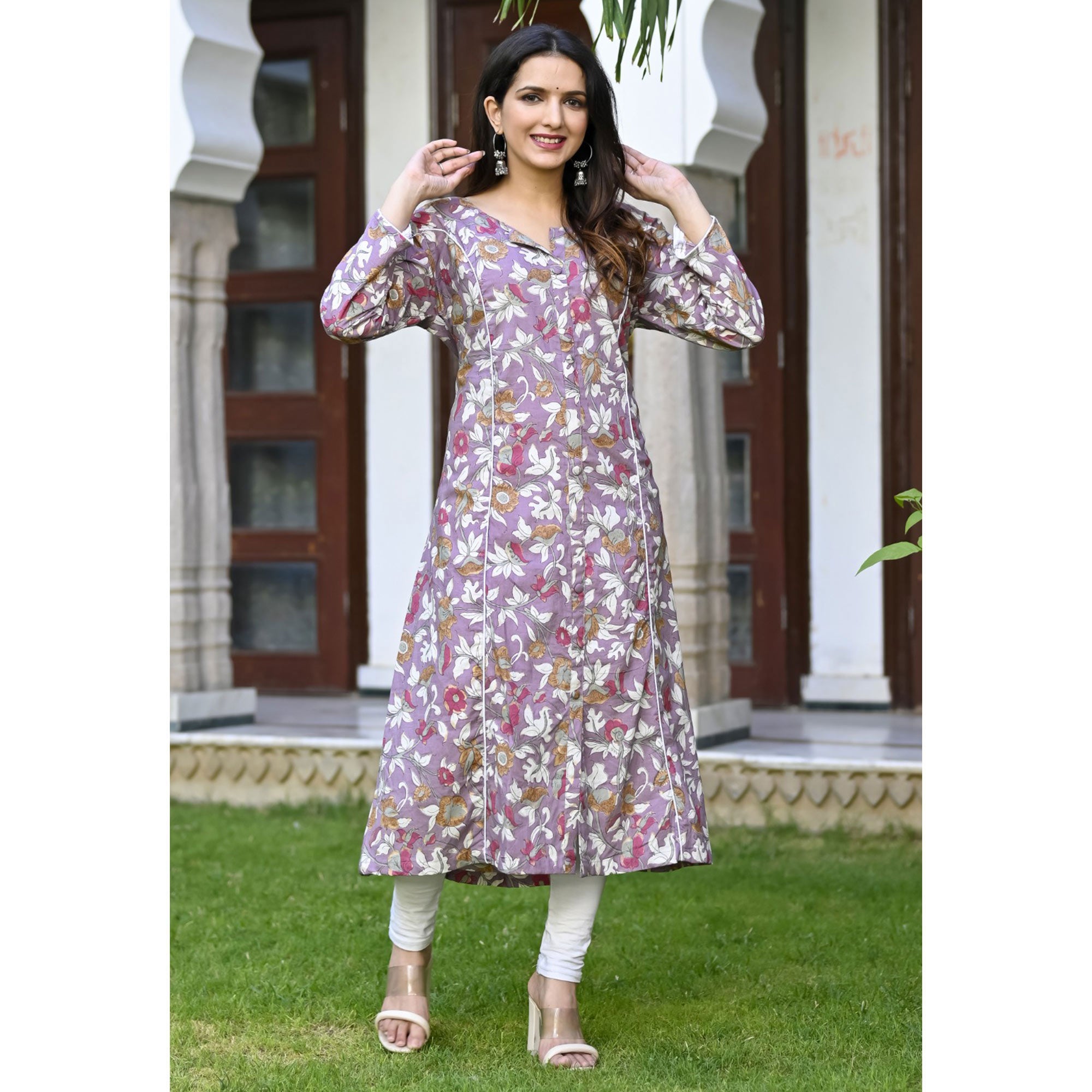 Block Printed Cotton Angrakha Style Kurta Set in Pink | Long kurti designs,  Simple kurti designs, Simple kurta designs